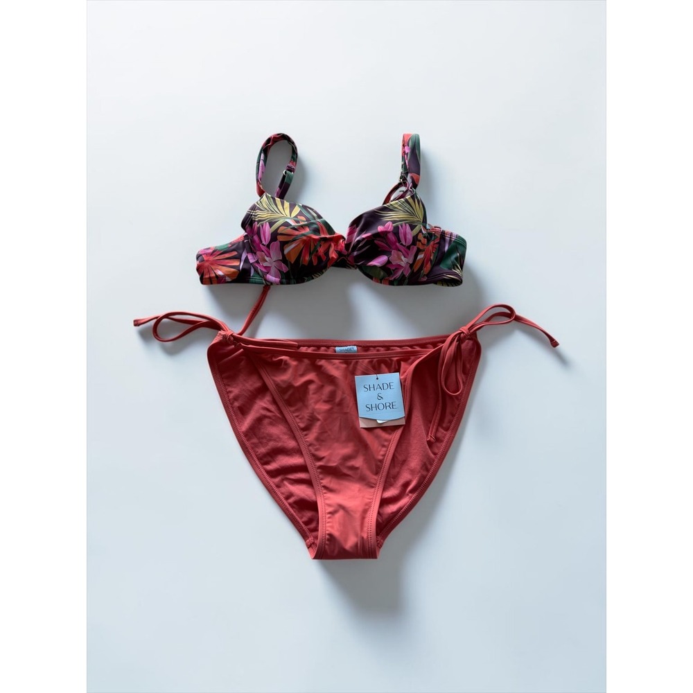Shade & Shore Tropical Floral Underwire Bikini Top 38B Side Tie Bottoms XL NWT